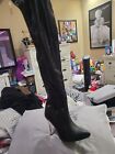 New. Size 7.5. Thigh High Faux Leather Black, Silver Heeled, Pointed Toe Heels.
