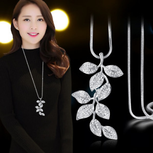 Women Long Silver Tassel Leaf Rhinestone Pendant Necklace Chain Sweater Jewelry