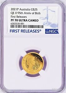 2021 QUEEN ELIZABETH 95th Birthday .9999 GOLD $25 Proof coin NGC PF70 FR Blue LB