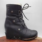 Sorel Joan of Arctic Wedge Boots Women's 8 Black Leather Lace Up Shearling