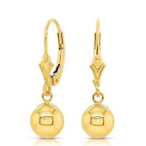 14K Real Solid Yellow Gold Shiny Polished Round Ball Dangle Drop Hoop Earrings