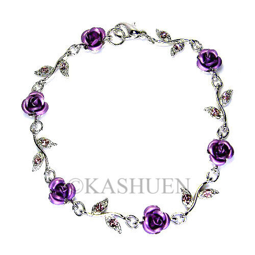 Lilac Purple FLOWER ROSE Made with Swarovski Crystal Bridal Wedding Bracelet New