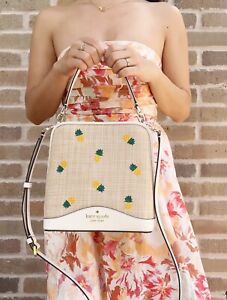Kate Spade Darcy Pineapple Embroidered Bucket Bag Crossbody Neutral Straw