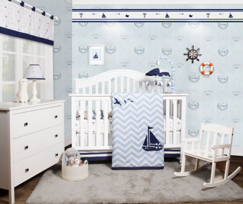 5 PCS Bumperless Nautical Sailor Baby Boy Nursery Crib Bedding Sets OptimaBaby