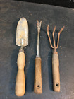 Vintage 3pc  Garden Tools Set , Bulb Tool  , 3 Tine Rake  , Shovel  Wood Handle
