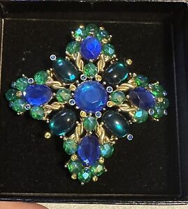 Joan Rivers Maltese Cross Brooch Blue & Green Rhinestones, Cabochons In Box