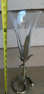 Vintage Mid Century 13.5” Tall Solid Brass Holder w/ Tulip Glass Insert Vase