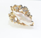 Genuine Large Japanese Biwa Pearl Diamond 14 karat Yellow Gold Ring