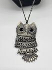 Silver Tone Articulating Charm Owl Necklace Black Eyes Rhinestone UFO Spooky