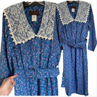 Vintage 80s Dress Cottage Core Lace Square Collar Blue Floral M/L