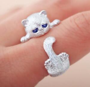 Adorable Big Blue Eyes Sad Cat Silver SP Kitten Adjustable Ring