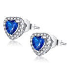 Solid Sterling Silver Simulated Blue Sapphire Heart Shaped Stud Earrings