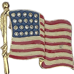 Vintage Red WhiteBlue Enamel Metal USA American Flag Patriotic Brooch rhinestone