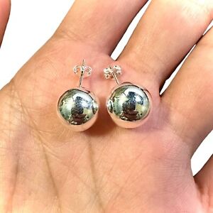 925 Sterling Silver Round Ball Stud Earrings 12MM Free Shipping