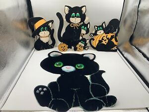 Lot Of 4 Vintage Halloween Die Cut Black Cat Pumpkin Flocked