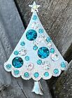 Christmas Tree Aqua Blue Crystal Rhinestone Brooch Pin Glass Vintage Holiday US