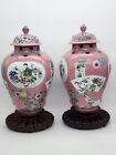 LARGE Pair Chinese porcelain Pink Famille Rose lidded jars 18th century & bases