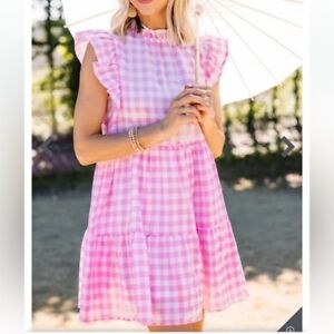 Boutique pink gingham baby doll dress Entro size L NWT