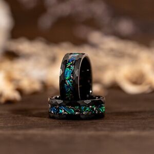 Meteorite & Green Opal Ring Black Hammered Solid Tungsten Wedding Mens Band Ring