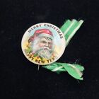 Antique Vintage Santa Claus Pin Button Merry Christmas Happy New Year Ribbon
