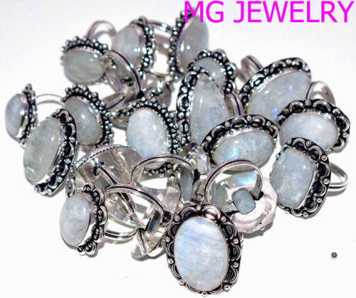 5 Pcs Natural Rainbow Moonstone Rings Mix Design 925 Sterling Silver Overlay Lot