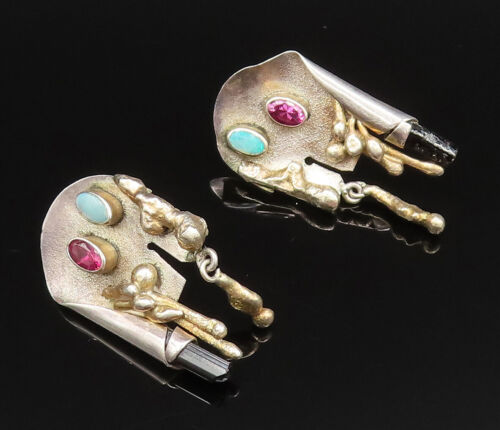 925 Silver - Vintage Fashion Modernist Onyx Opal & Tourmaline Earrings - EG12007