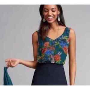 CAbi NWOT Still Life Teal Blue Green Floral Tank Top Blouse Women's Small