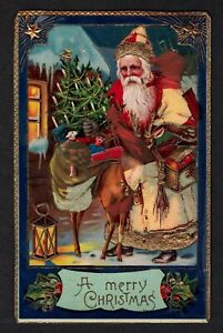 0302 Antique Vintage Santa Claus Postcard Red Robe & Hat Reindeer Gel Coat *READ