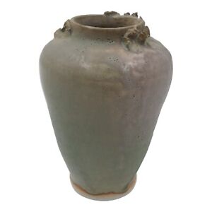 New ListingSigned Japanese Pottery Vase Applied Detail Matte Glaze 5
