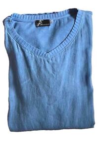 Fenini Womens Top Blouse Large 100%Linen Blue 3/4 Sleeve V-neck Asymmetrical Hem