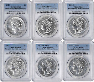 2021 Morgan and Peace Silver Dollar 6-Coin Set MS69 PCGS