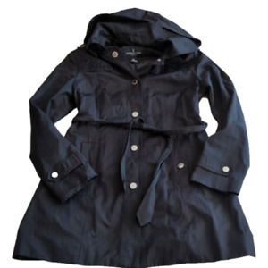 London Fog Women's Black Longer Hooded Belted Trench Coat Rain Coat Size M