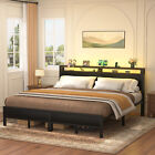 King Size Bed Frame with LED Headboard Metal Platform Bed with Storage Drawers