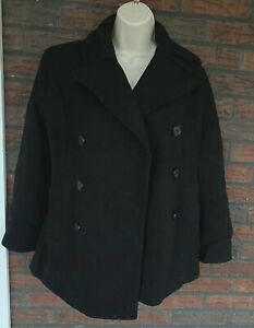Black Wool Coat Small Peacoat Double Breasted Pockets Collar Lined Belt Detail