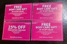 Bath & Body Works 4 Coupons a 25% Off Entire Purchase & 3 Body Care Gifts