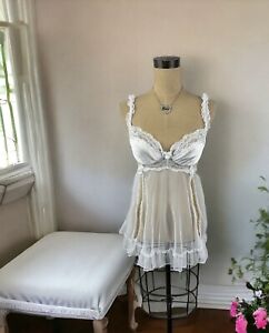 White Sheer Ruffle Babydoll Top Sequin Coquette Whimsical Bows Front Slit 90s L