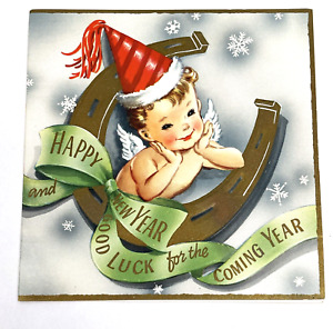 Happy New Year Vintage Greeting Card Unused Baby Horseshoe Lucky MCM Whit USA