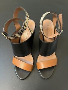 BCBG Maxazria Black/Brown/Snakeskin Wedge Sandals. Made In Italy. Size 39/9US.
