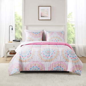 Pink Medallion Reversible 7-Piece King Comforter Set Bed in a Bag with Sheets