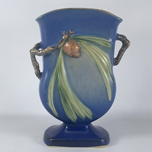 Roseville Pottery Fan Vase Blue Pinecone #121-7 Vintage
