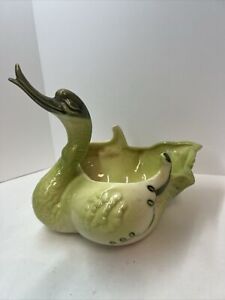 Hull Swan No. 69 Planter/Dish Green with Gold Hand Painted Accents 8.5