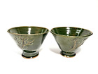 Set of 2 Studio Art Pottery Hand Crafted Dark Green Engraved Floral Pattern Bowl