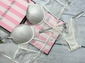 Victoria's Secret Shine Strap Add 2 Cups  Lace Corset Bra Top SET Coconut White