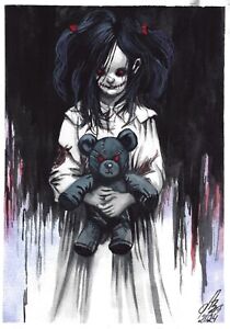New Listingoriginal painting A5 93LV artwork watercolor scary girl with a teddy bear toy