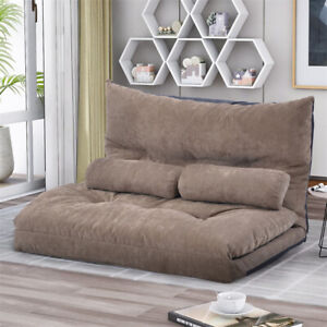 Floor Sofa Bed Adjustable Folding Leisure Futon Sofa with Two Pillows Brown