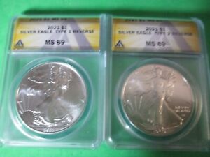 Two 2021 Silver Eagles Type 1&2 ANACS MS69