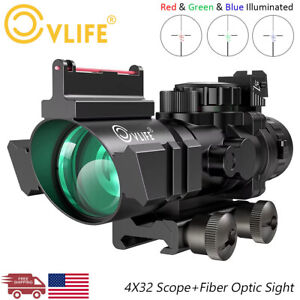 4X32 Tactical Rifle Scope Tri-Illuminated Reticle ACOG Scope W/Fiber Optic Sight