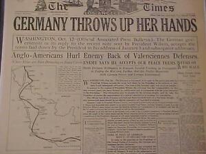 VINTAGE NEWSPAPER HEADLINE~ 1st WORLD WAR 1 GERMAN ARMY SURRENDERS ENDS WWI 1918