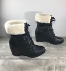 Sorel NL2966 Black Leather Joan of Arctic Wedge Fur Collar Womens Boots Size 9