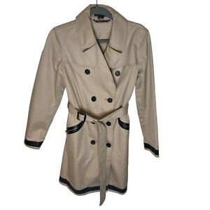 Theory Womens Khaki Beige Trench Coat Size M Belted Faux Leather Trim Button